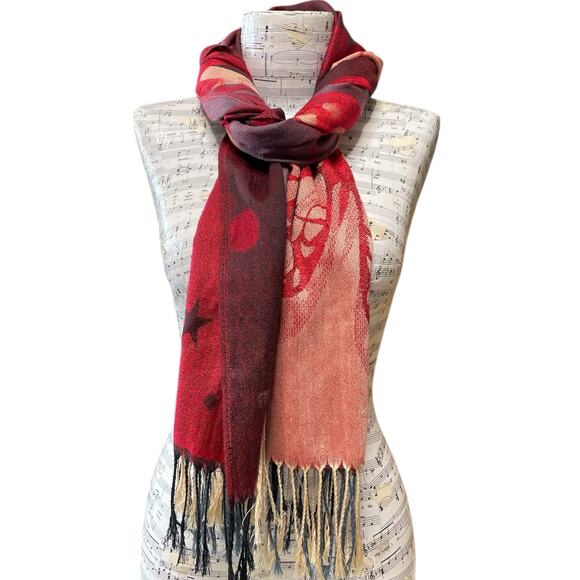Reversible Red & Tan Butterfly Star Woven Pashmina Shawl Wrap - Picture 1 of 4